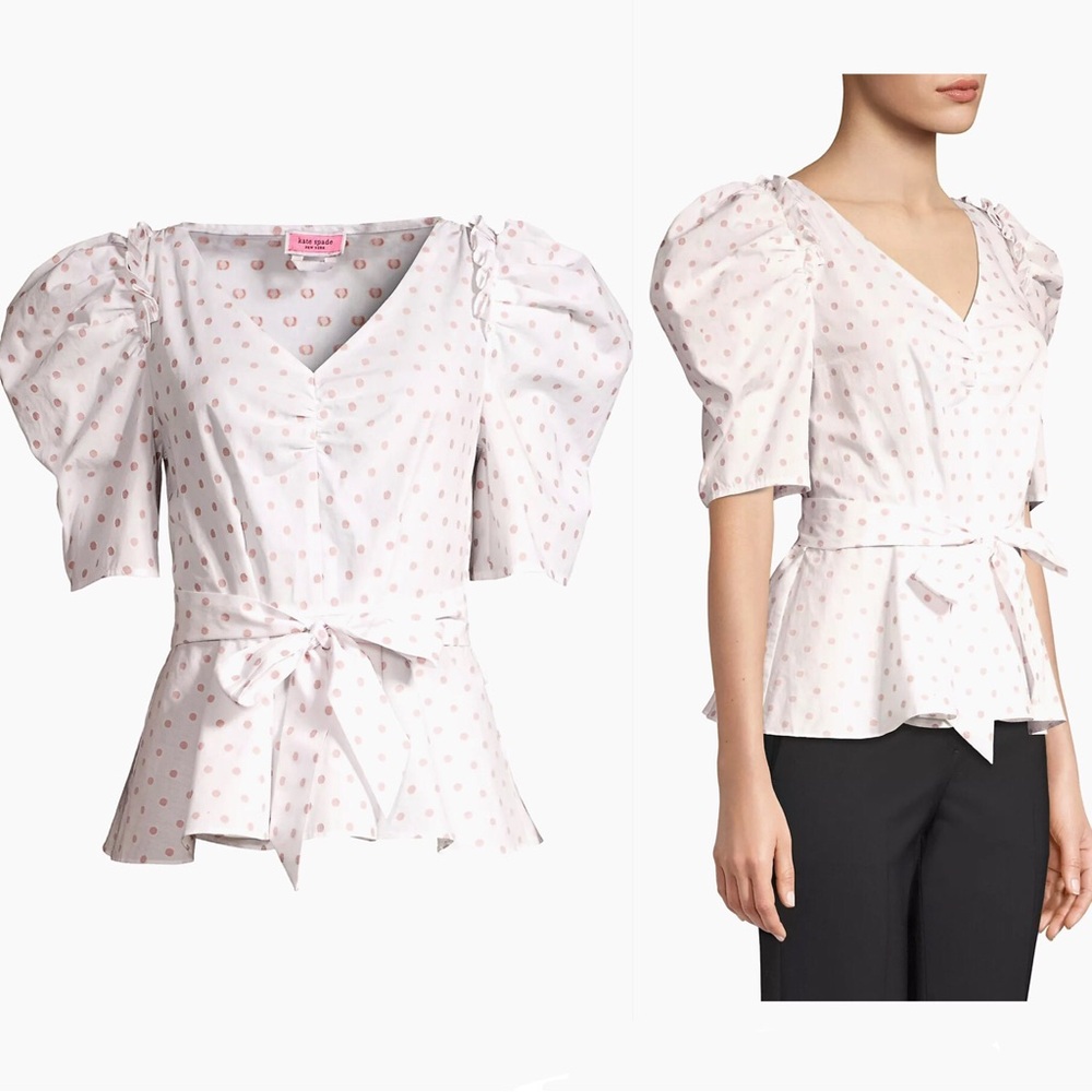 kate spade Pink Dot V-Neck Puff Sleeve Peplum Blouse